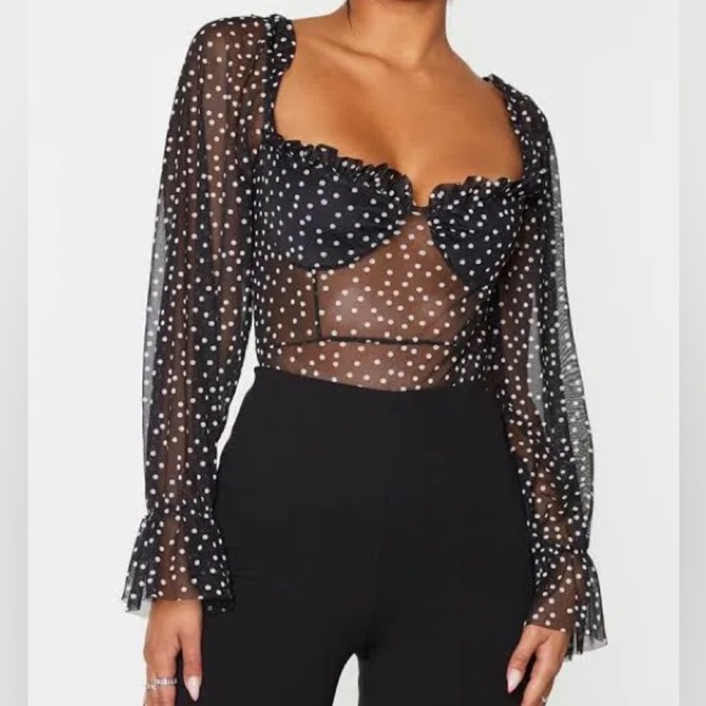 BLACK MESH POLKA DOT MILKMAID BODYSUIT